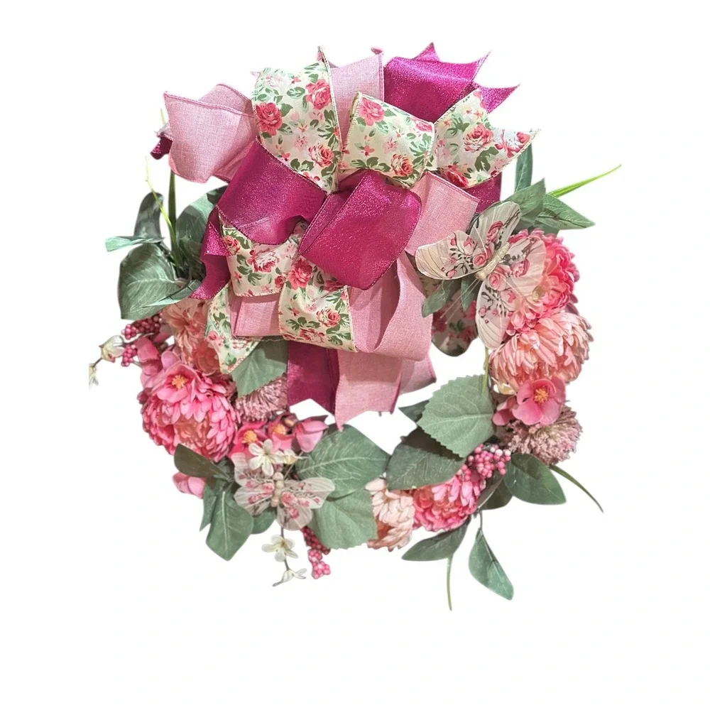 Butterfly Grapevine Wreath: Spring & Summer Pink Floral Door Decor